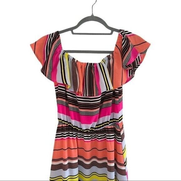 Charles Henry M Off The Shoulder Striped High Low Ruffle Dress Cocktail Party - Picture 6 of 9